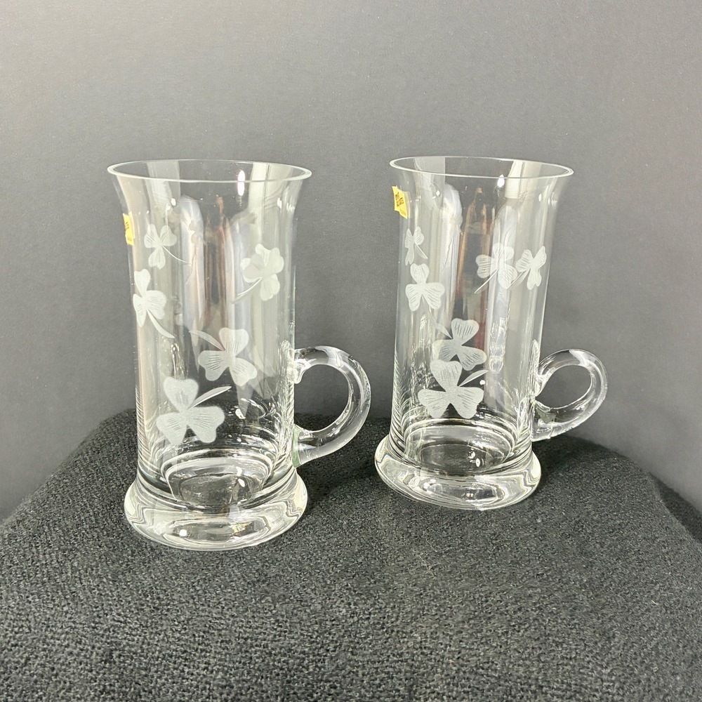 VTG Import Associates Romania Etched Shamrock Irish Coffee Mugs Glass Set of 2 \